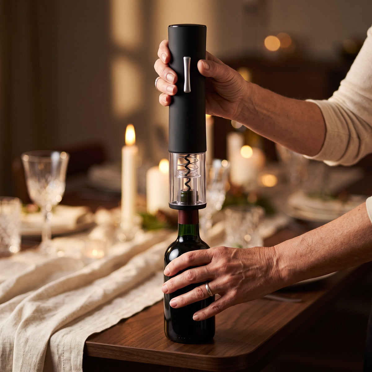Tire-bouchon électrique Noir Mate posé sur le goulot d'une bouteille de vin