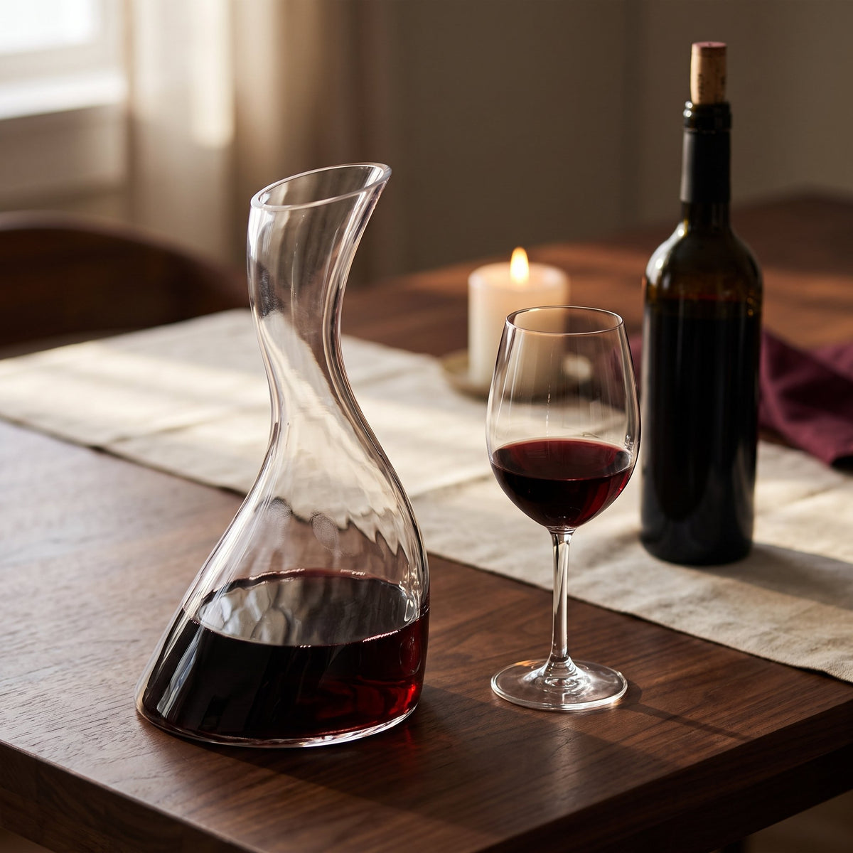 Carafe Twister Move inclinée, vin rouge sur table de dîner