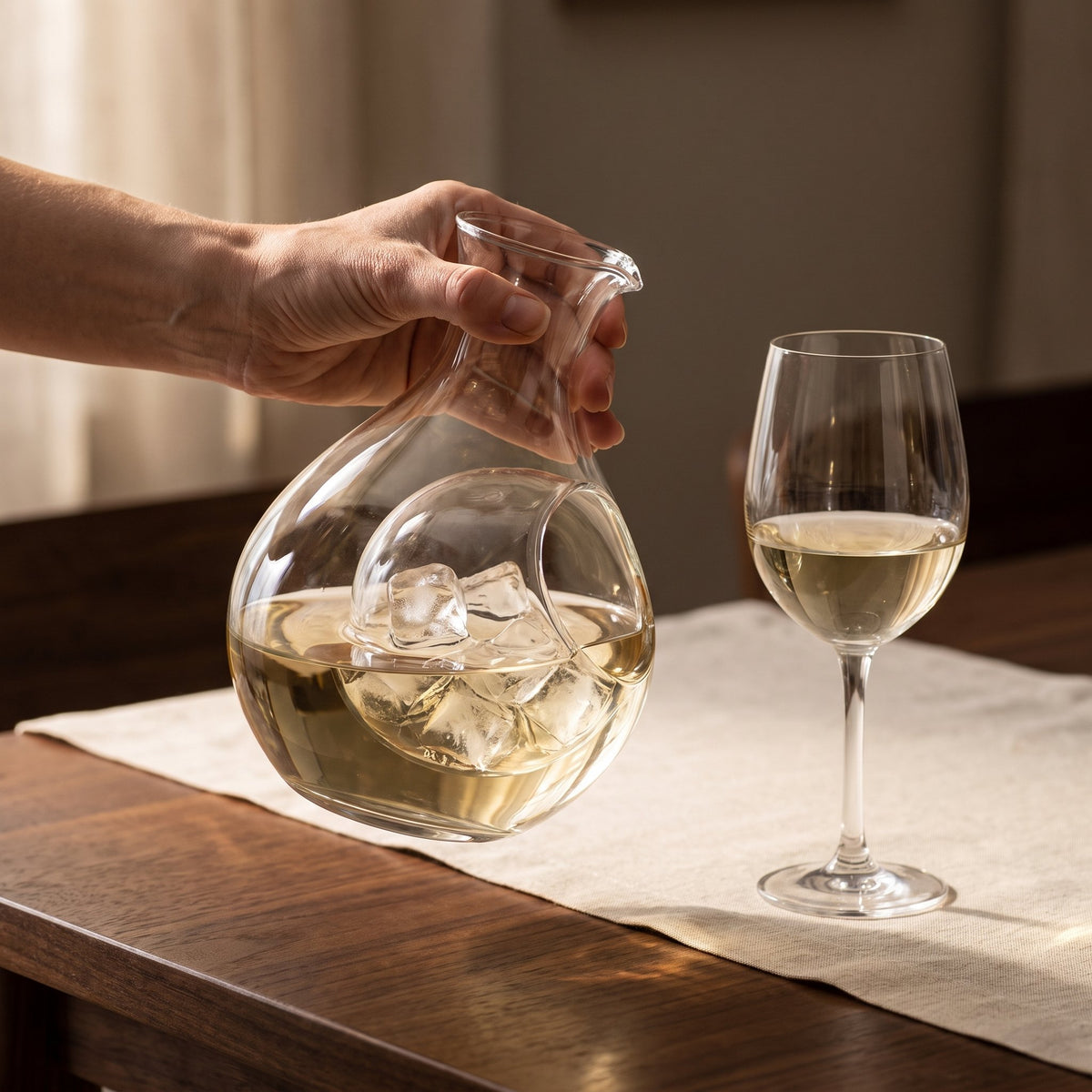Carafe Ice-In tenue en main, vin blanc et glaçons