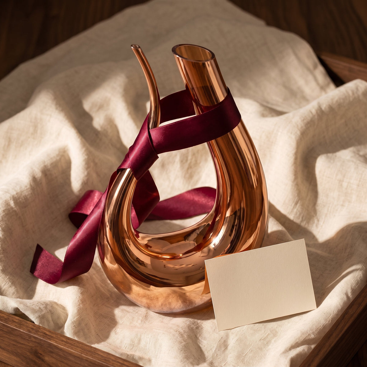 Carafe Cisne Gold avec ruban cadeau bordeaux sur lin crème