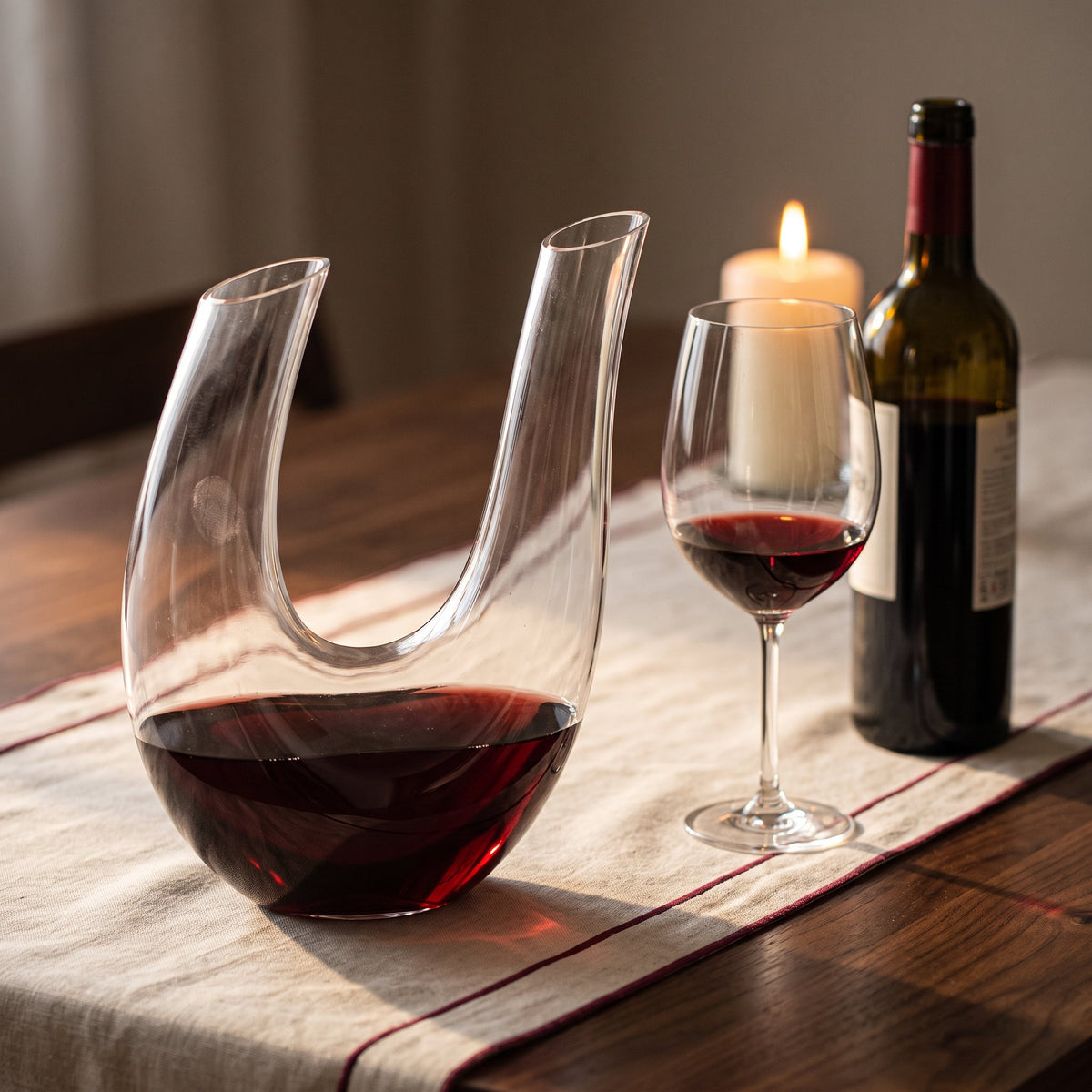 Carafe Horn, vin rouge sur table de dîner aux chandelles