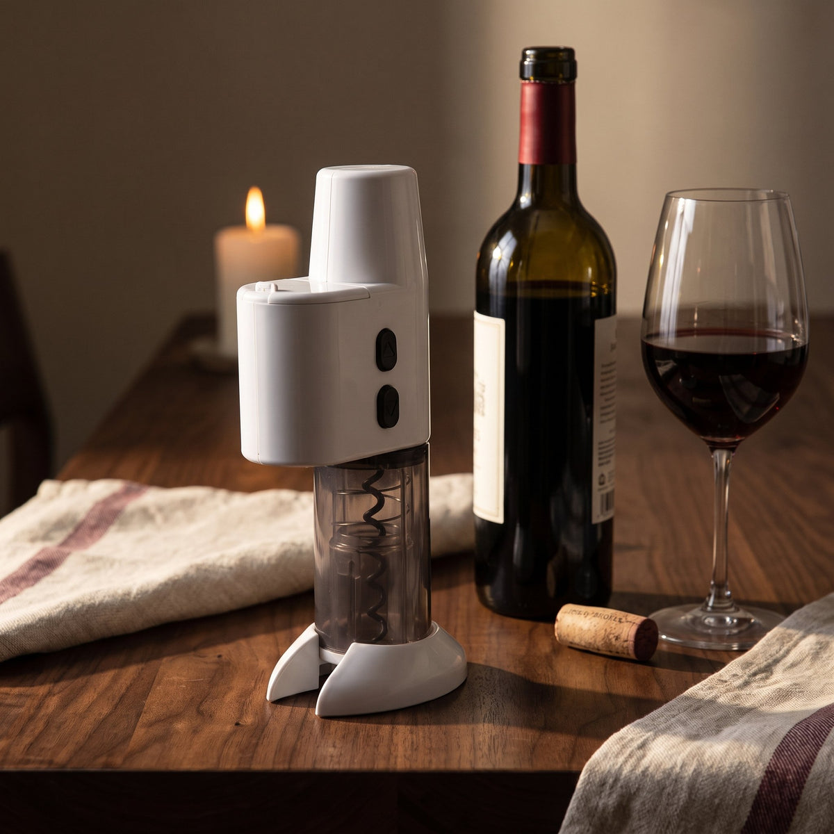 Tire-bouchon électrique Vintage sur une table en noyer avec bouteille de vin rouge et verre