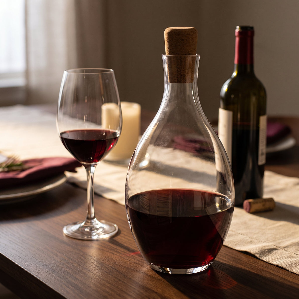 Carafe Olivy avec bouchon, vin rouge sur table de dîner