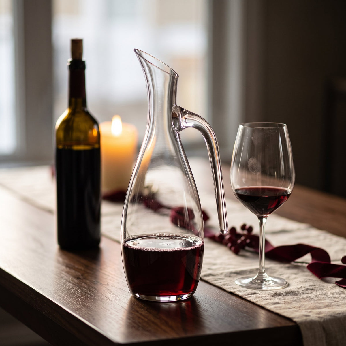 Carafe Évidence, vin rouge sur table de dîner