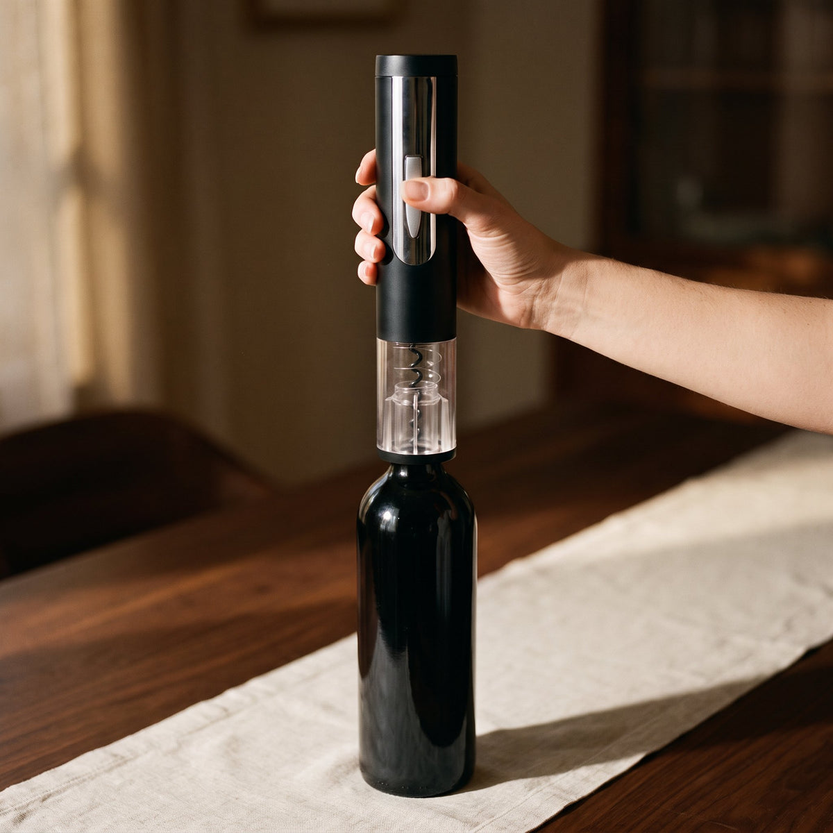 Ouverture sans effort : pression sur le bouton du tire-bouchon électrique Vinomax