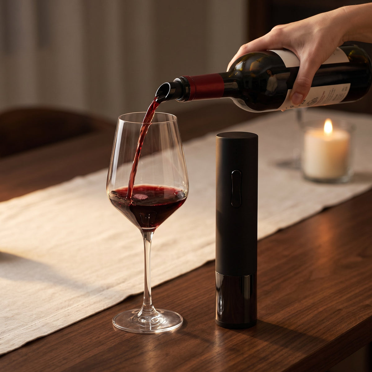 Service du vin avec le bec verseur noir du coffret, tire-bouchon électrique posé sur la table