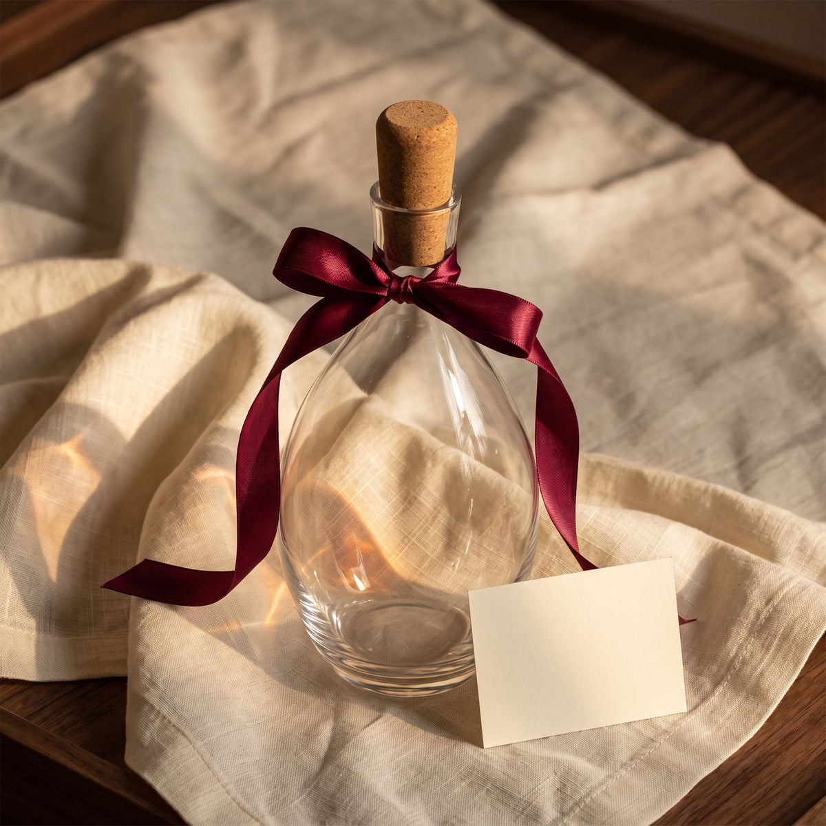 Carafe Olivy avec ruban cadeau bordeaux sur lin crème