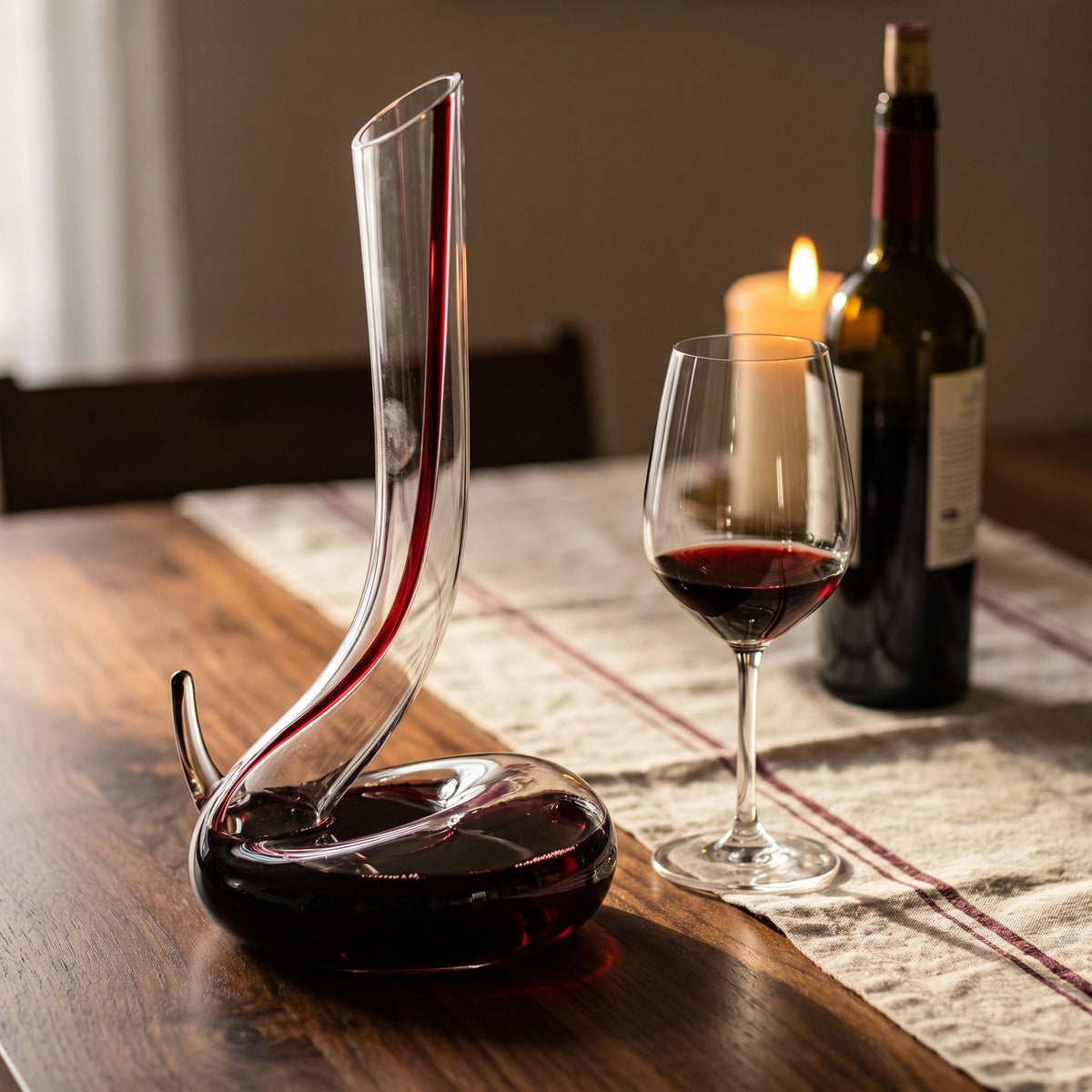 Carafe Snake enroulée, vin rouge sur table de dîner