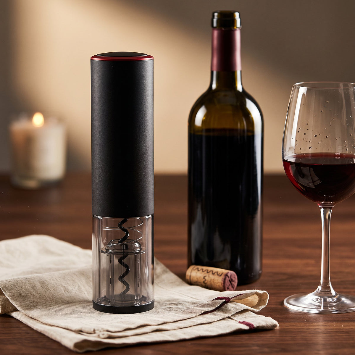 Tire-bouchon électrique Professionnel sur une table de dîner en noyer avec bouteille et verre de vin rouge