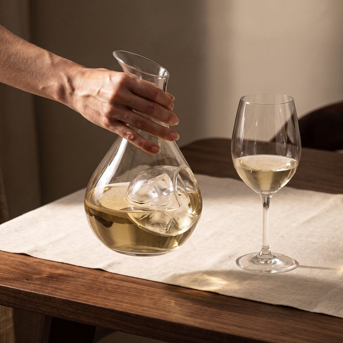 Carafe Ice-in Tall tenue en main, vin blanc et glaçons