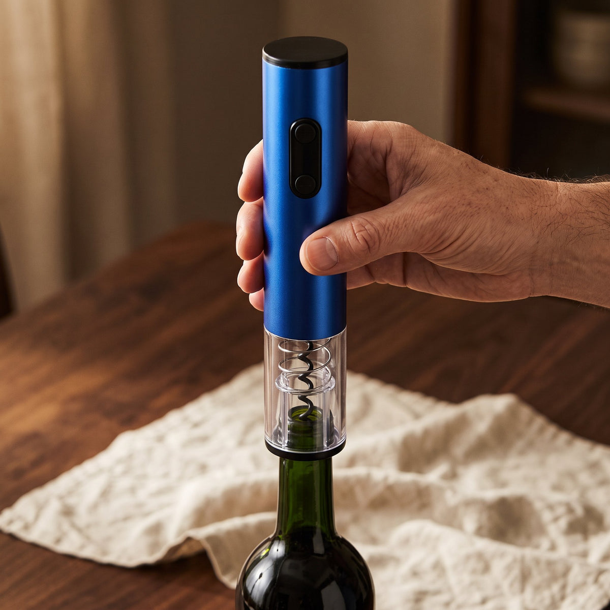 Étape 1 – Posez le tire-bouchon électrique Blue Design sur la bouteille