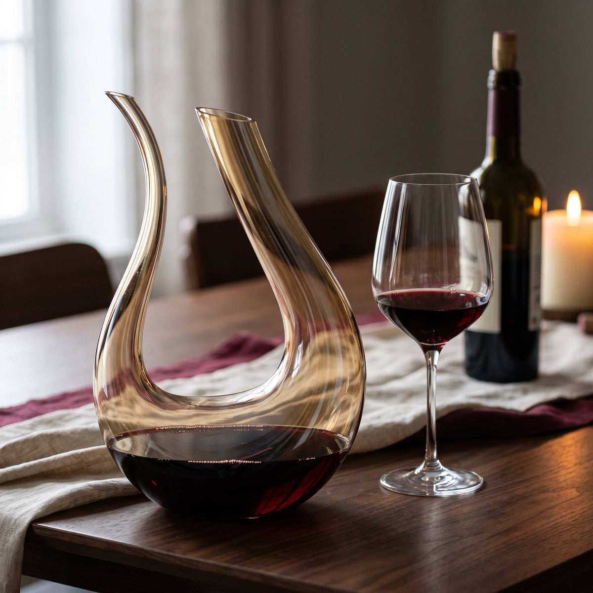 Carafe Cisne Brown col de cygne ambré, vin rouge sur table de dîner