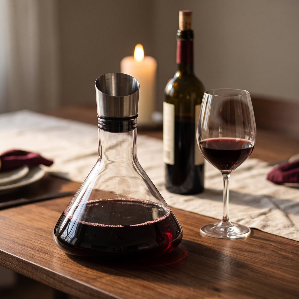 Carafe PepperMint, vin rouge sur table de dîner