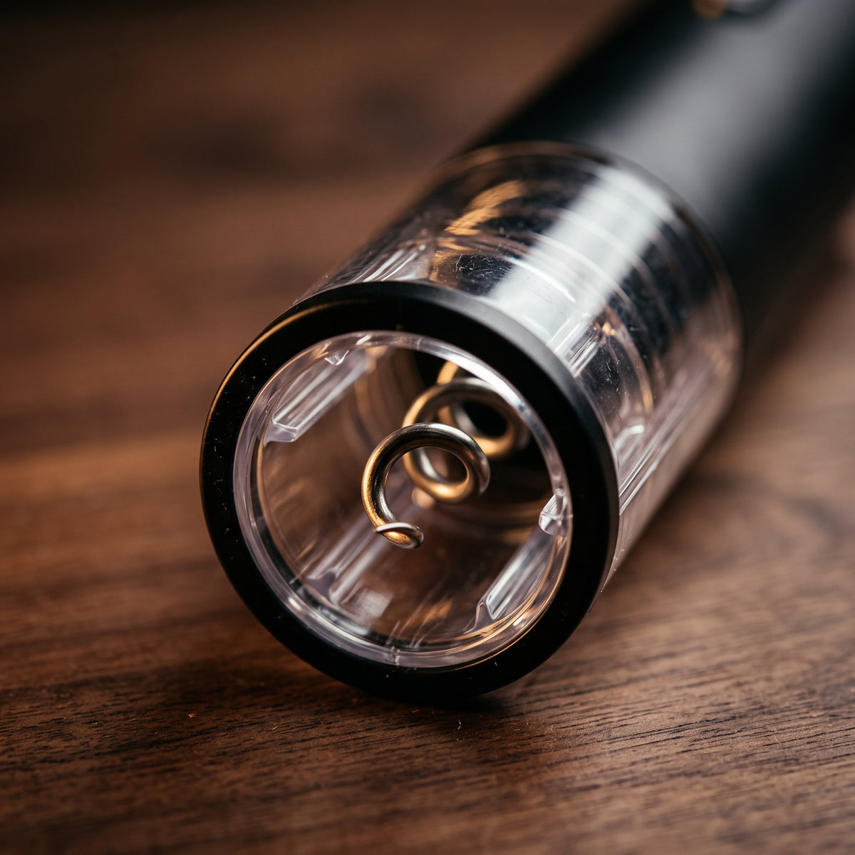 Détail de la vrille en acier inoxydable du tire-bouchon électrique Noir