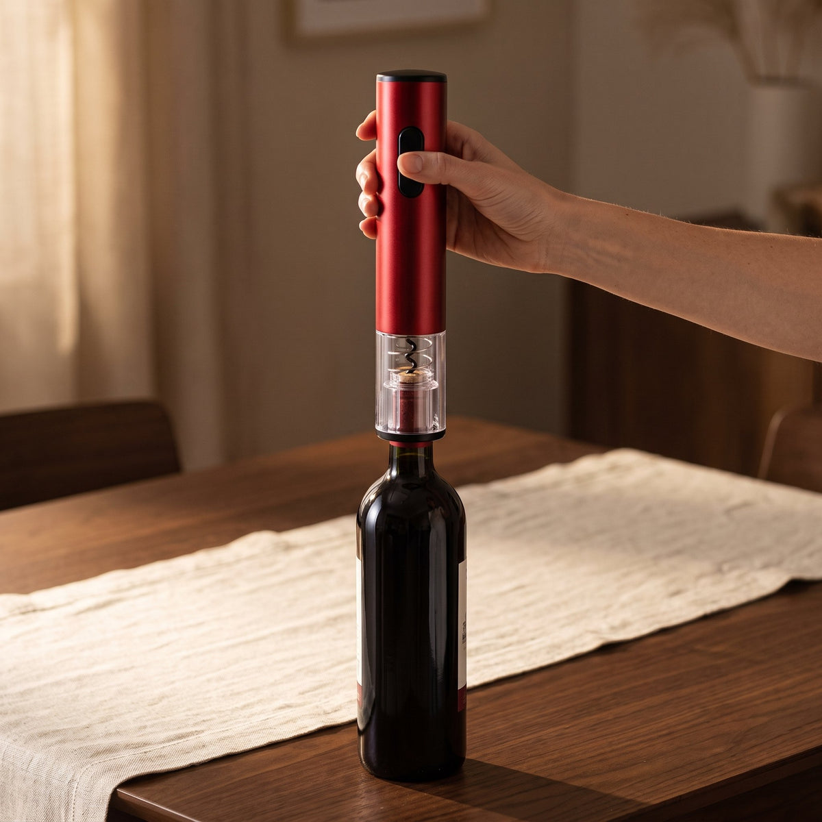 Main pressant le bouton du tire-bouchon électrique rouge — La Maison du Sommelier