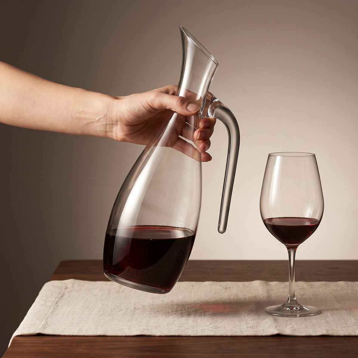 Carafe Évidence tenue par son anse au-dessus de la table