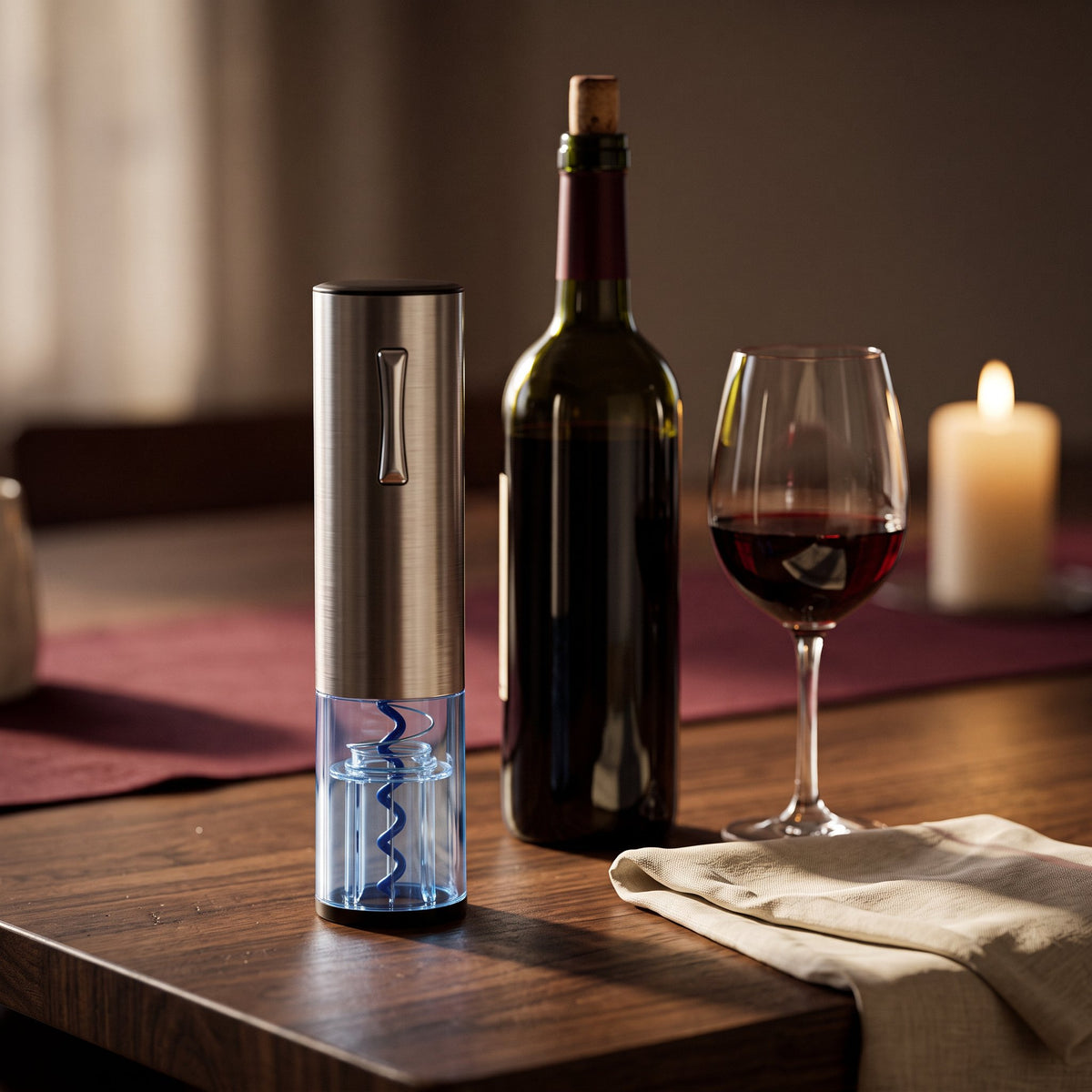 Tire-bouchon électrique Facile sur une table de dîner en noyer avec bouteille et verre de vin rouge