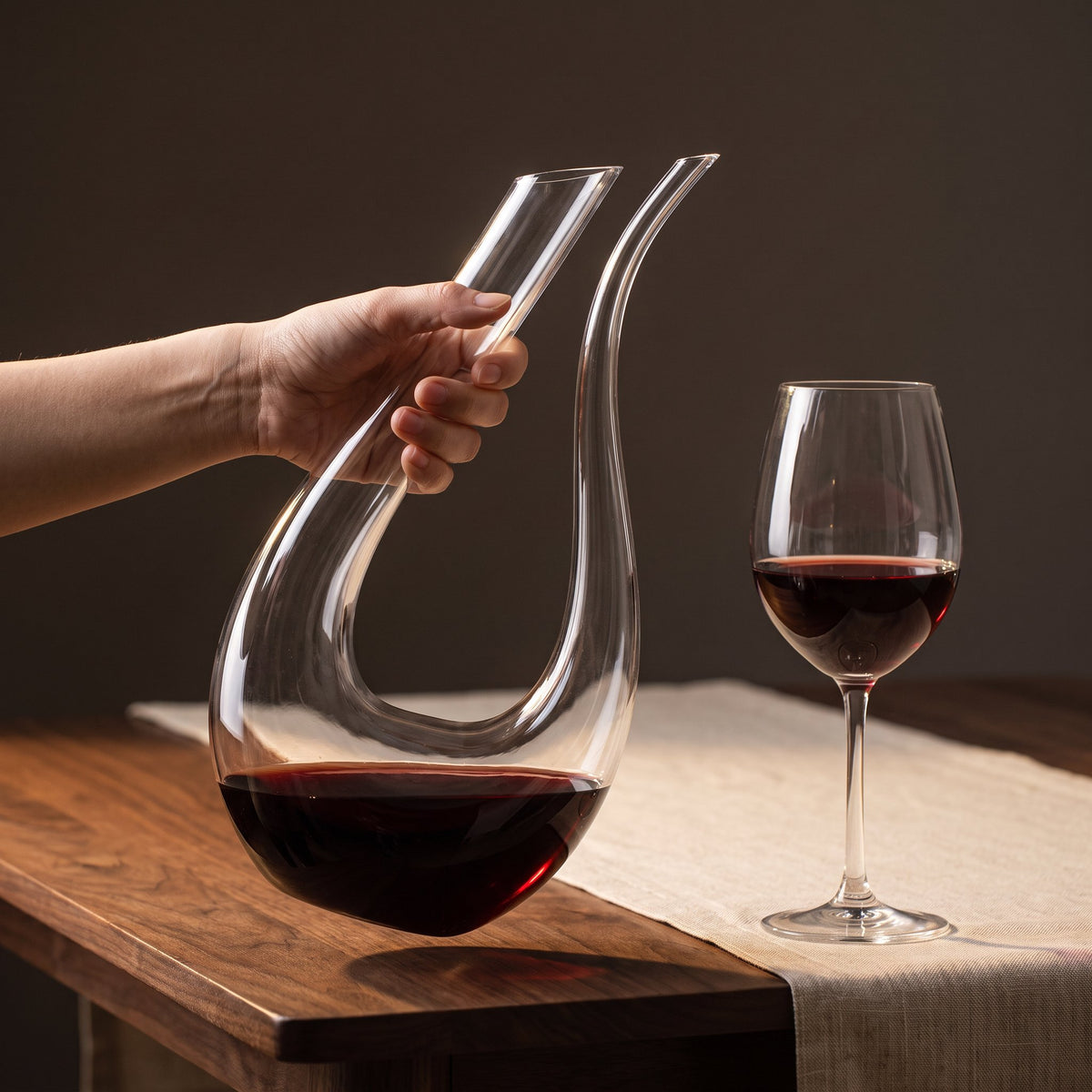 Carafe Cisne tenue en main, col de cygne en verre