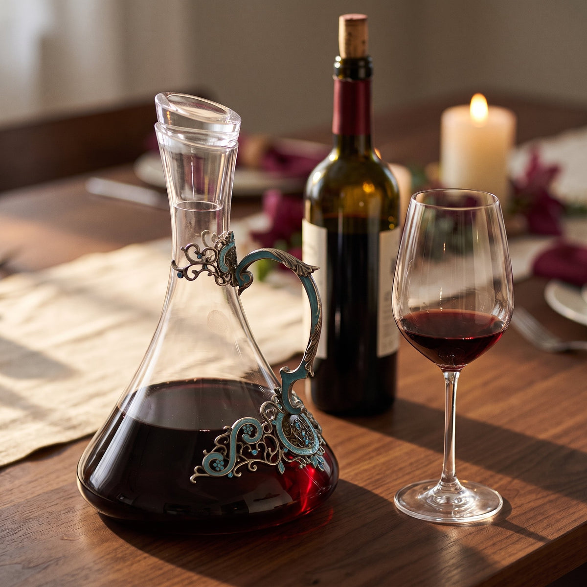 Carafe Victoria ciselée, vin rouge sur table de dîner