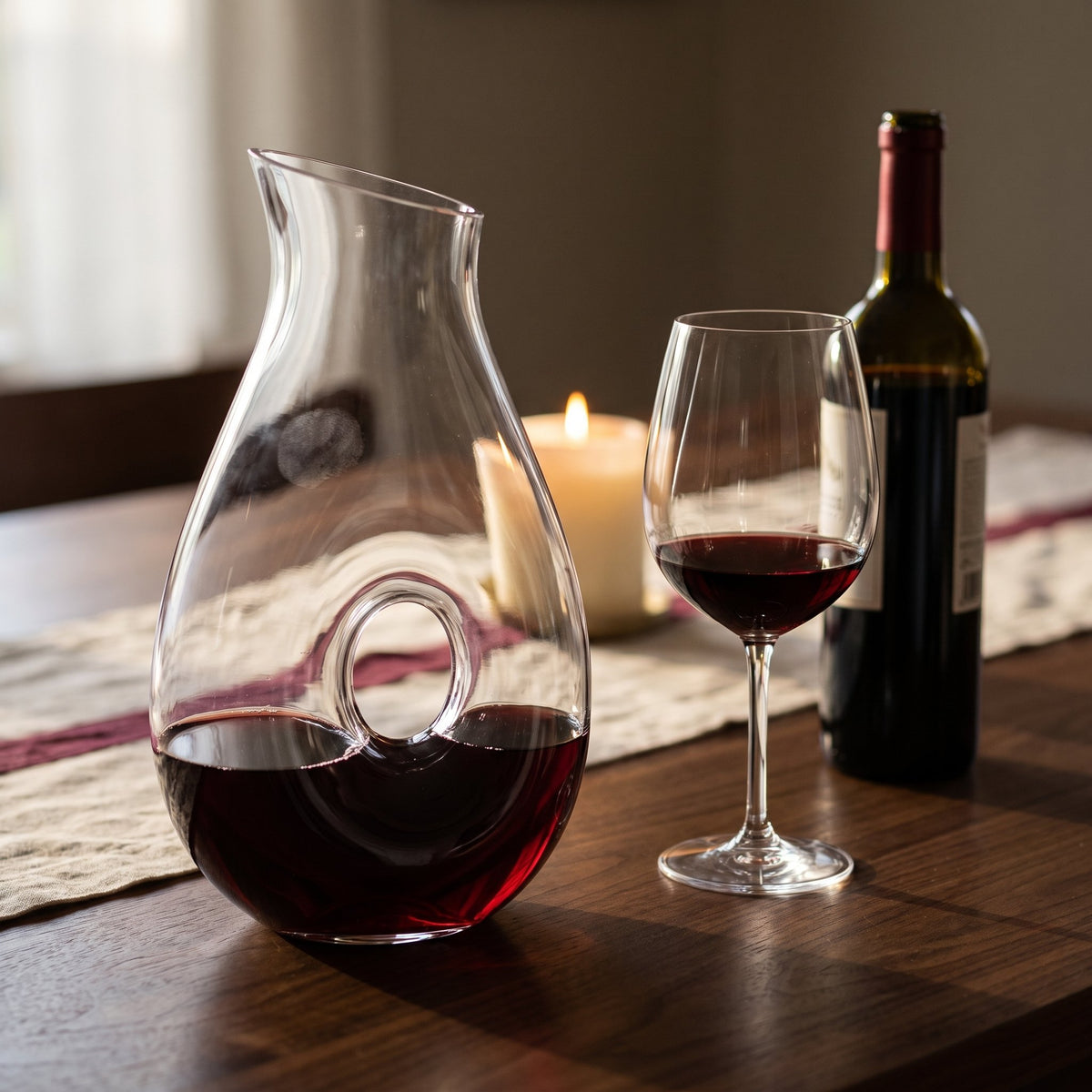 Carafe Hoom ronde, vin rouge sur table de dîner