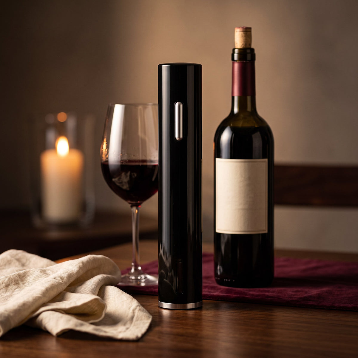 Tire-bouchon électrique de pro sur une table de dîner en noyer avec bouteille et verre de vin rouge