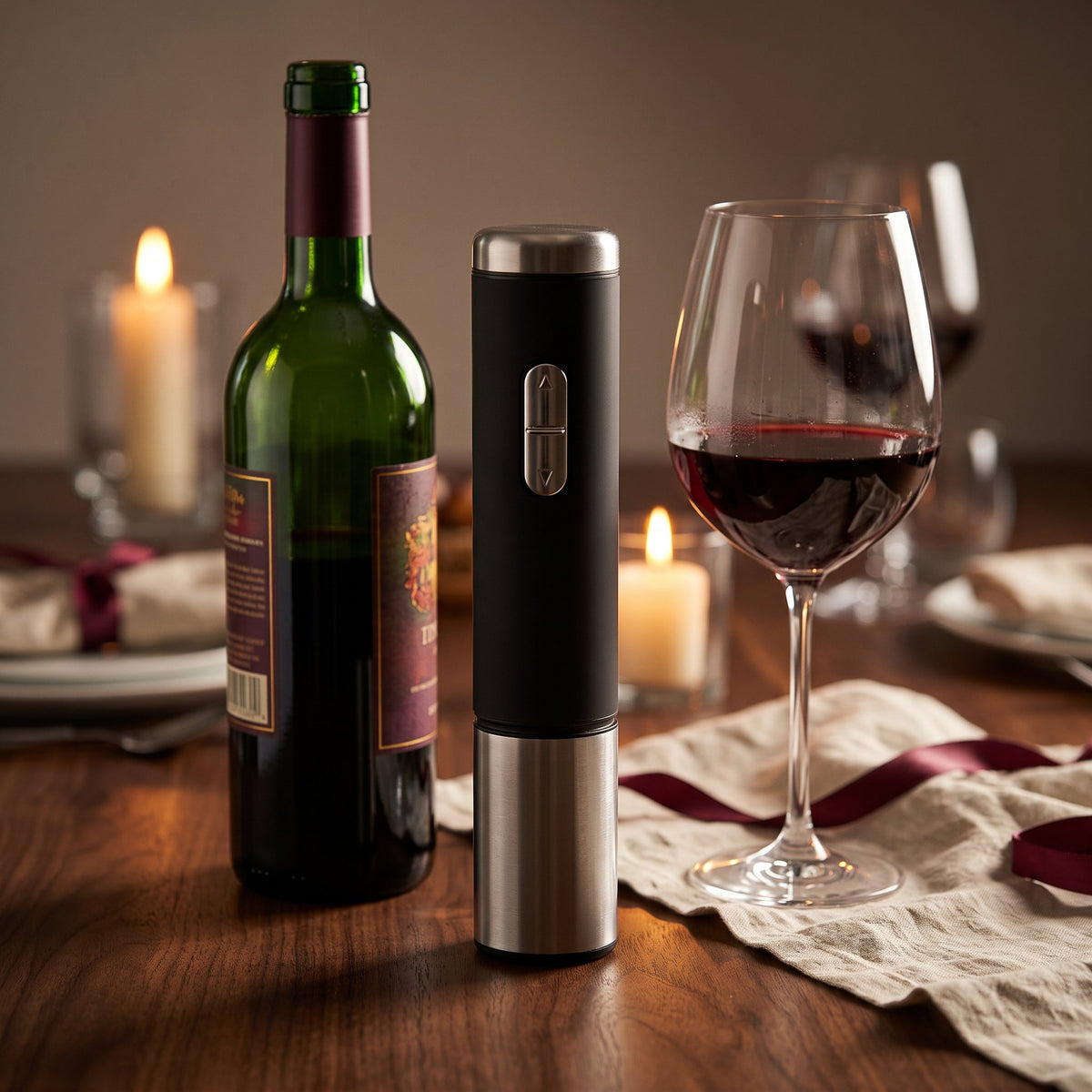 Tire-bouchon électrique Prestige sur une table de dîner en noyer avec bouteille et verre de vin rouge