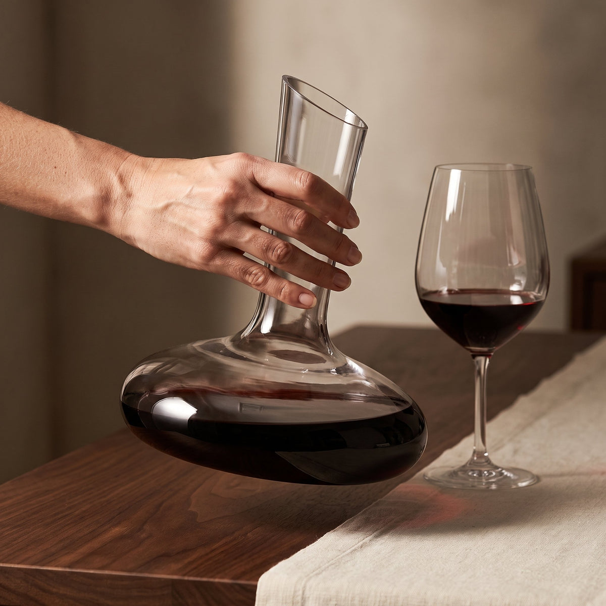 Carafe Demoiselle tenue en main au-dessus de la table