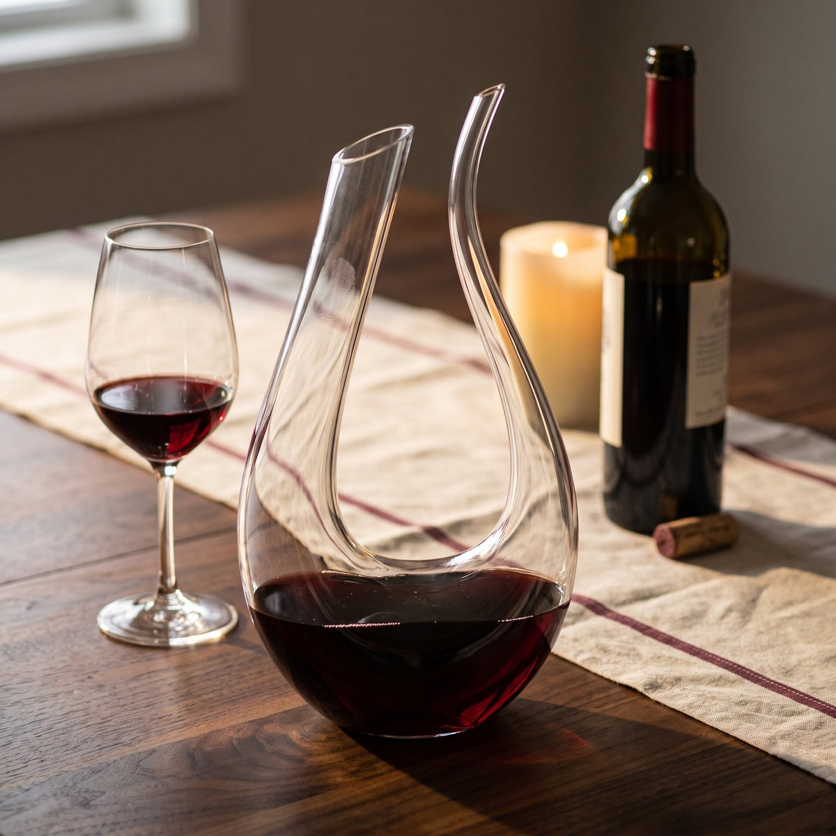 Carafe Cisne col de cygne, vin rouge sur table de dîner