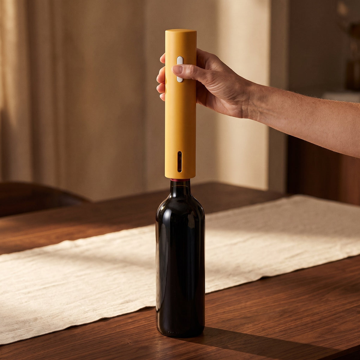 Main pressant le bouton du tire-bouchon électrique uni jaune — La Maison du Sommelier