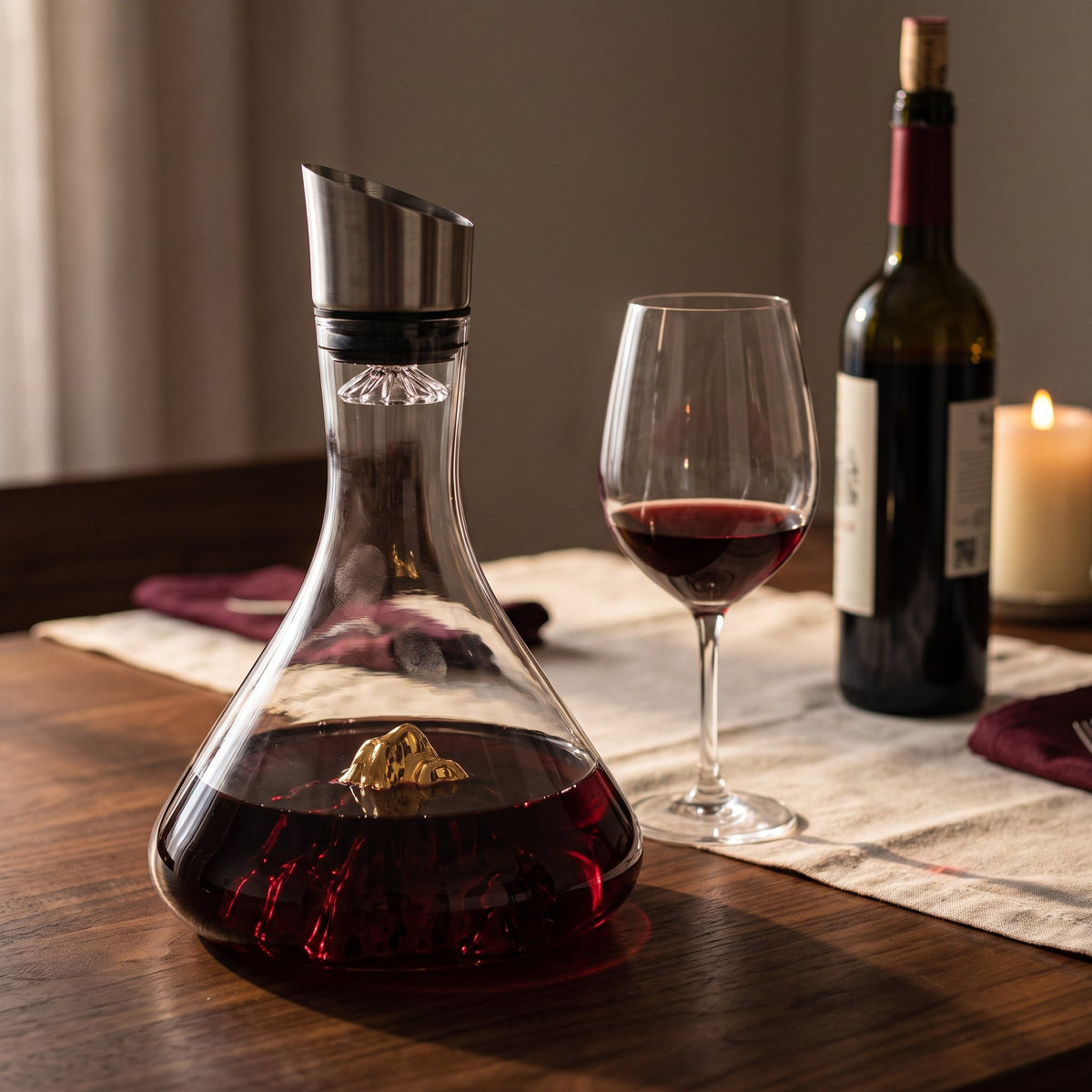 Carafe Iceberg Doré remplie de vin rouge sur table de dîner