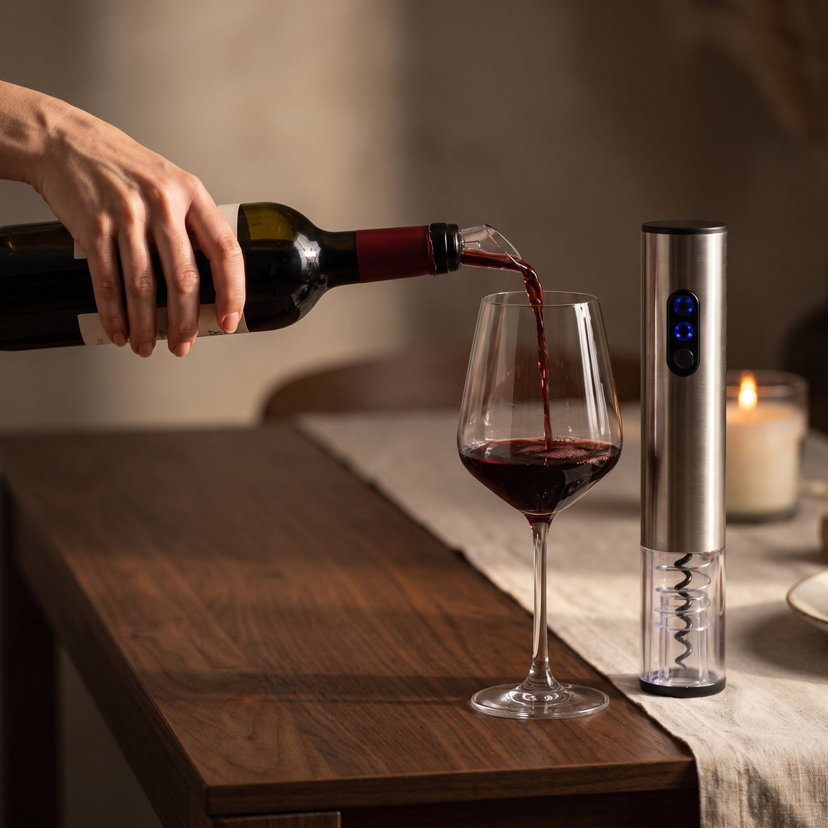 Service du vin avec le bec verseur du coffret, tire-bouchon électrique gris posé sur la table
