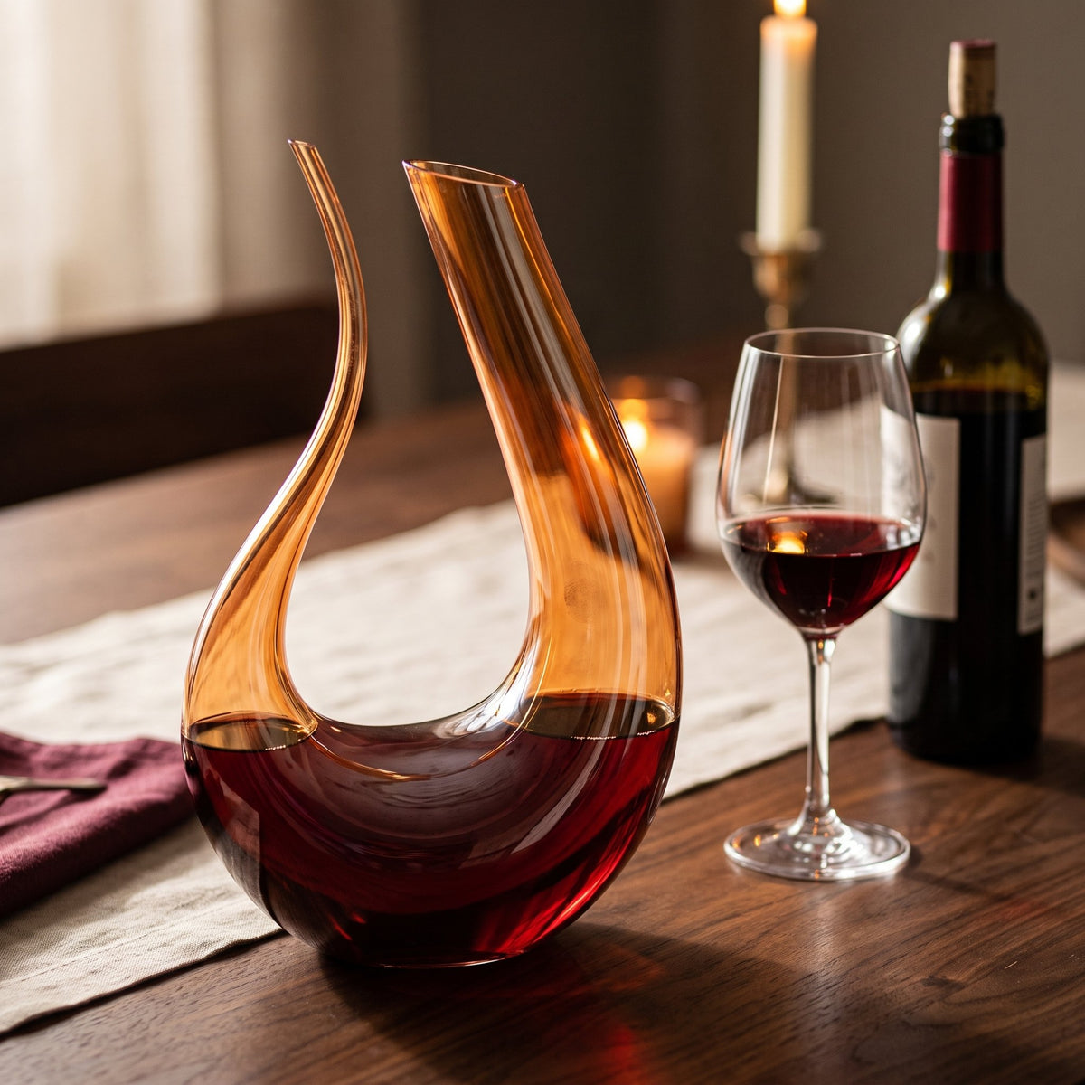 Carafe Cisne Gold col de cygne ambré, vin rouge sur table de dîner