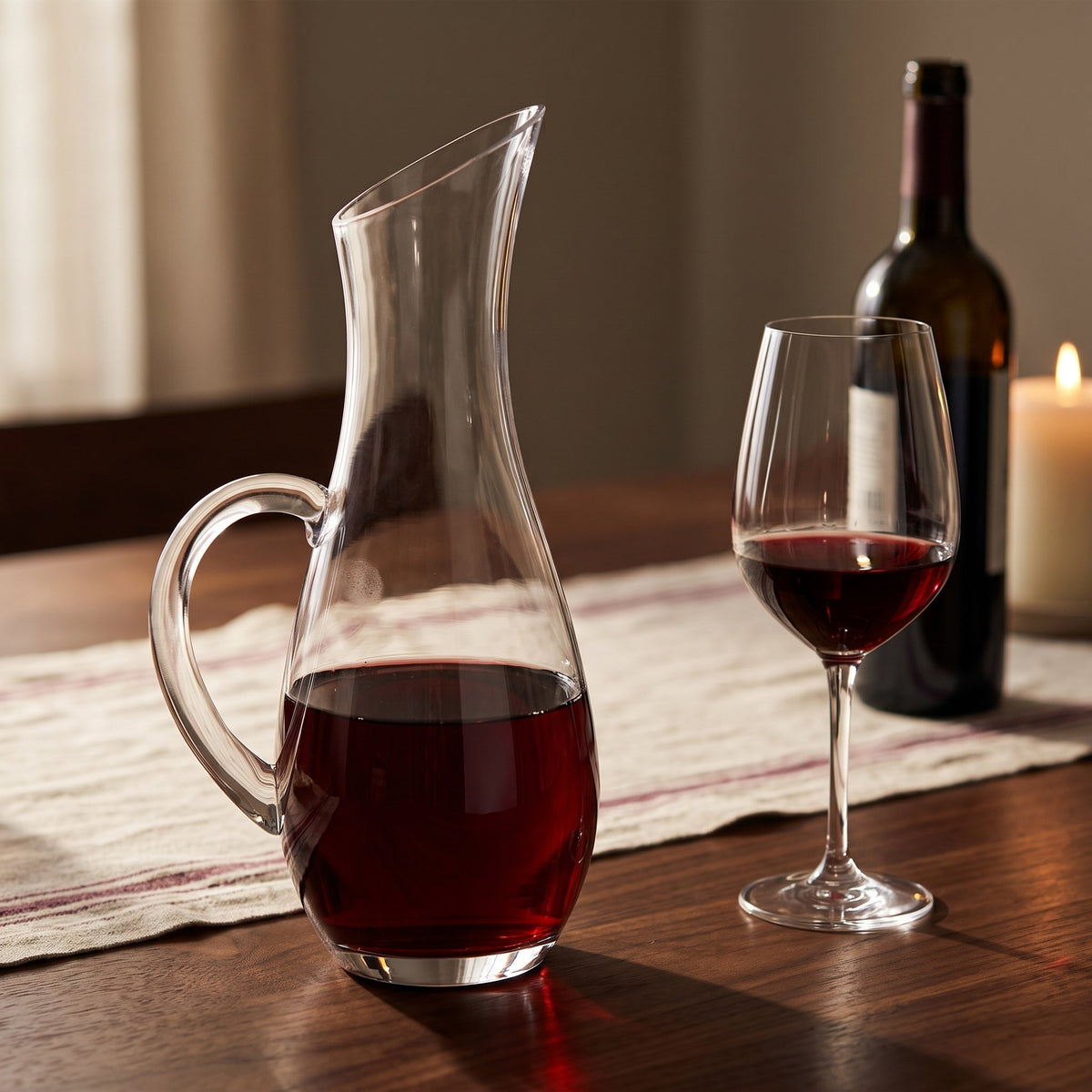 Carafe Lonjeanne, vin rouge sur table de dîner