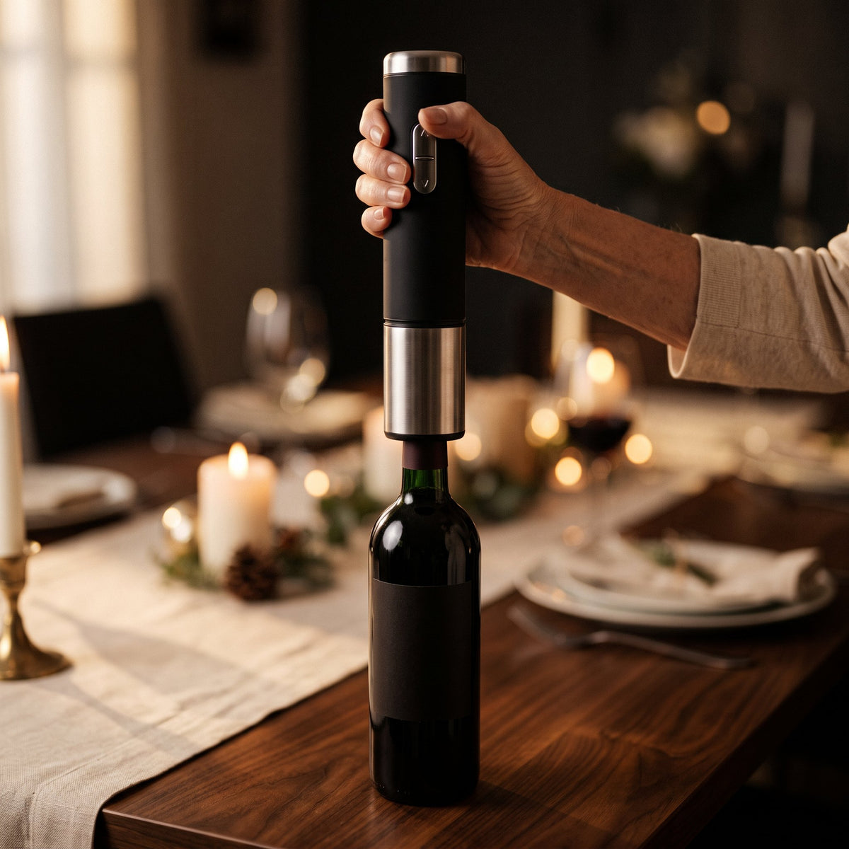 Tire-bouchon électrique Prestige posé sur le goulot d'une bouteille de vin
