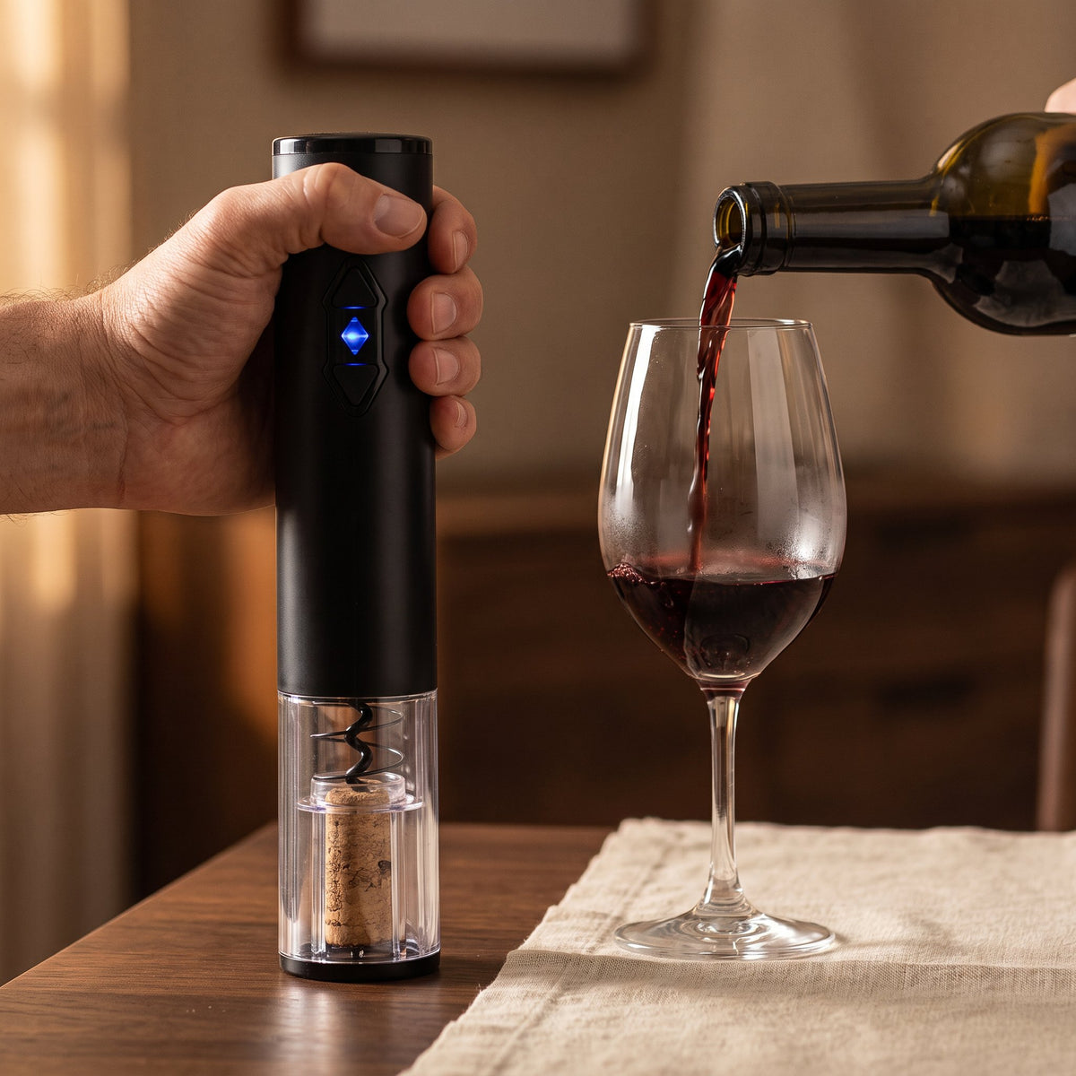 Verre de vin servi après ouverture avec le tire-bouchon électrique Rapide — La Maison du Sommelier