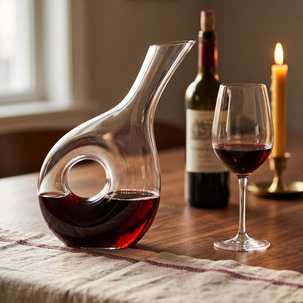 Carafe Design Bunny, vin rouge sur table de dîner