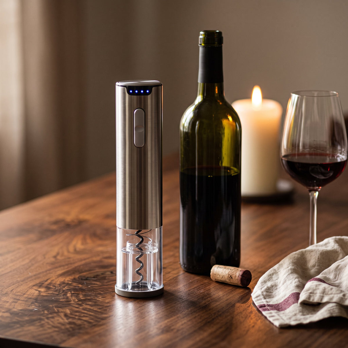 Tire-bouchon électrique Luxueux sur une table de dîner en noyer avec bouteille et verre de vin rouge