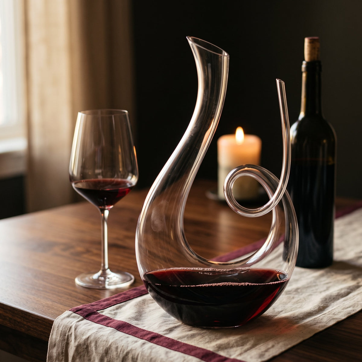 Carafe Sloop, vin rouge sur table de dîner