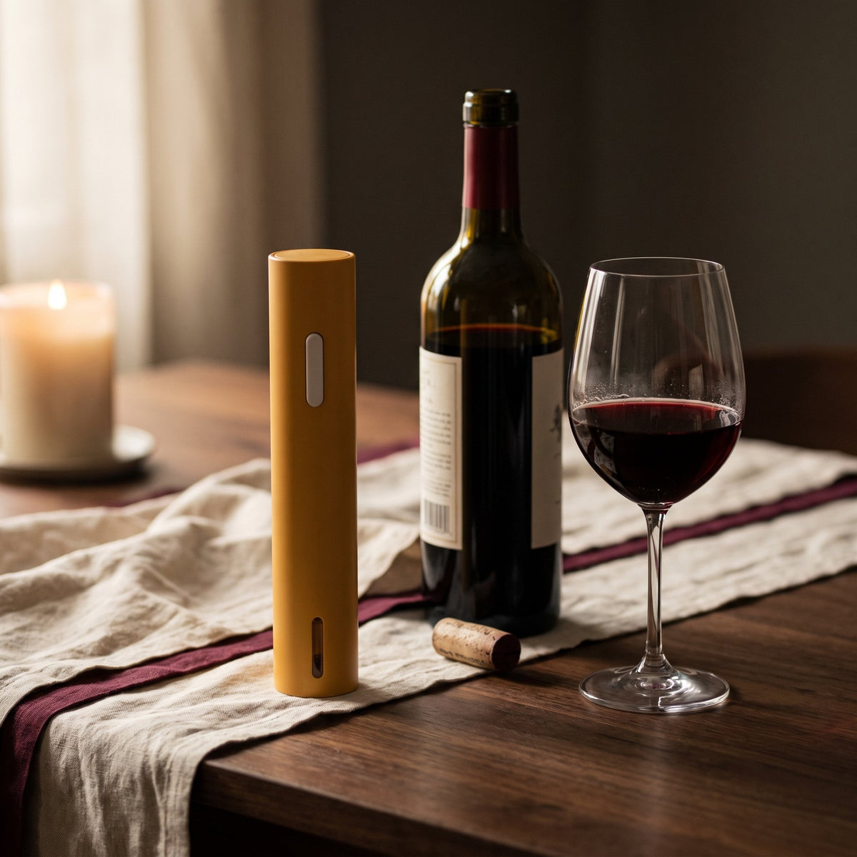 Tire-bouchon électrique uni jaune sur une table de dîner avec vin et bougie — La Maison du Sommelier