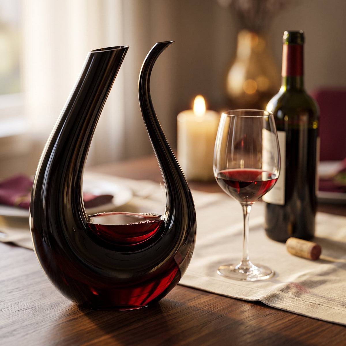 Carafe Black Swan en verre noir, vin rouge sur table de dîner