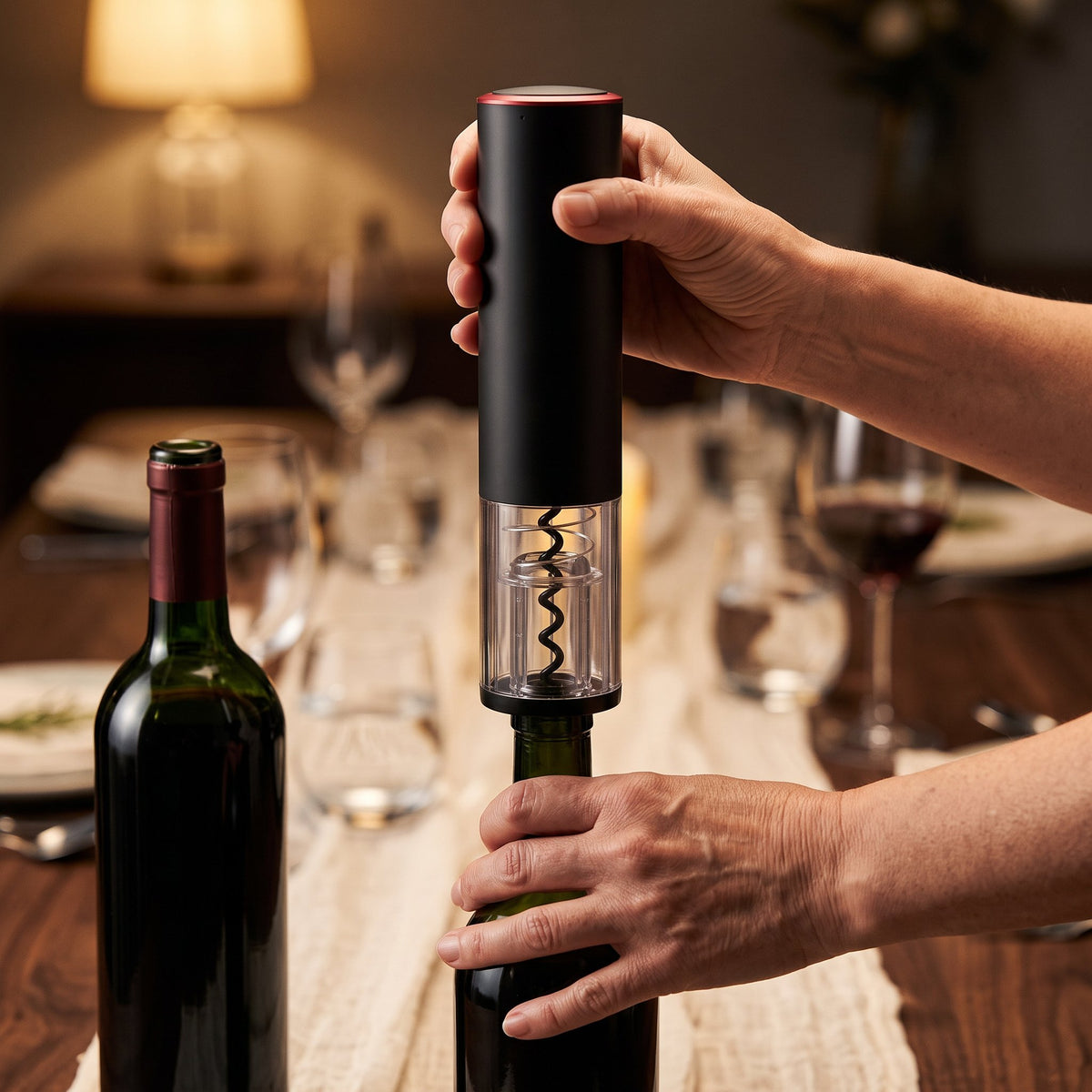 Tire-bouchon électrique Professionnel posé sur le goulot d'une bouteille de vin