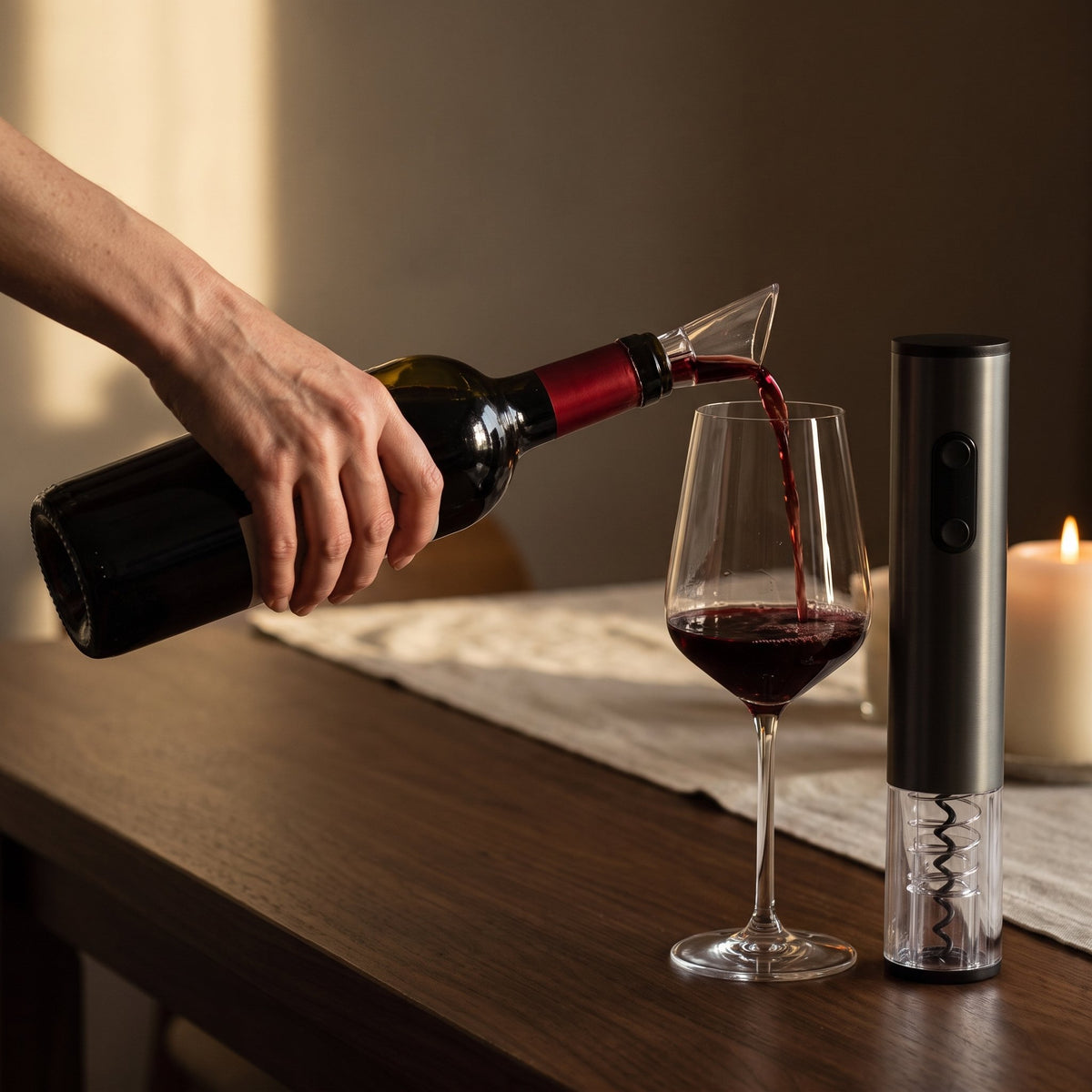Service du vin avec le bec verseur du coffret, tire-bouchon électrique posé sur la table