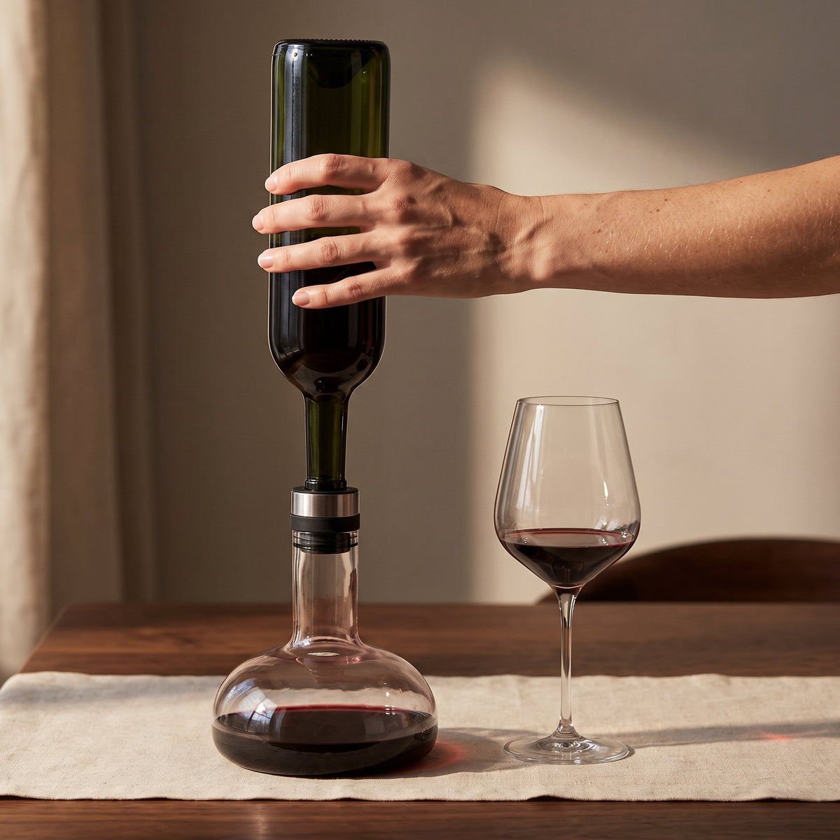 Main tenant la bouteille retournée sur la carafe Up & Down