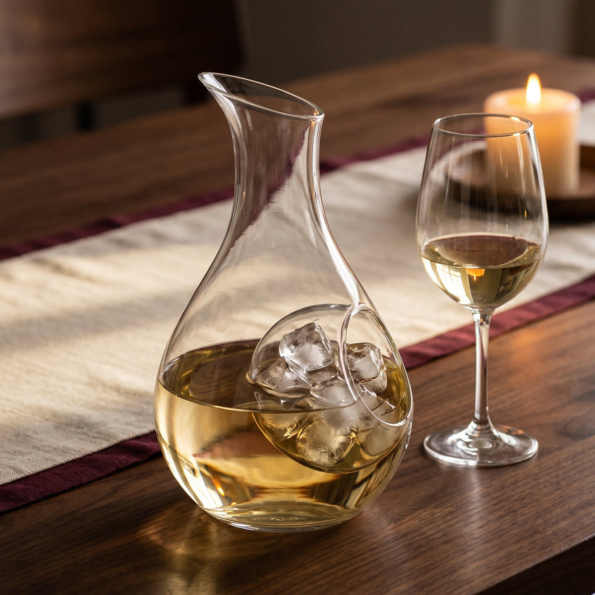 Carafe Ice-in Tall avec vin blanc frais et glaçons dans la chambre intérieure, table de dîner