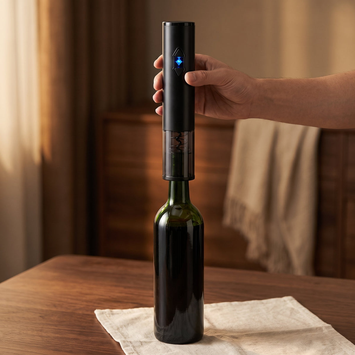 Main posant le tire-bouchon électrique Rapide noir sur le goulot de la bouteille — La Maison du Sommelier