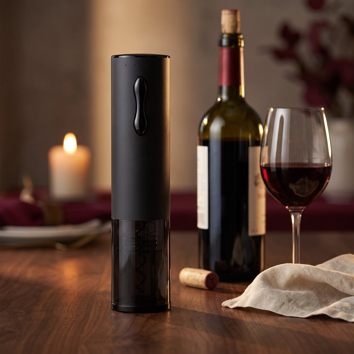 Tire-bouchon électrique noir sur une table en noyer avec bouteille de vin rouge et verre