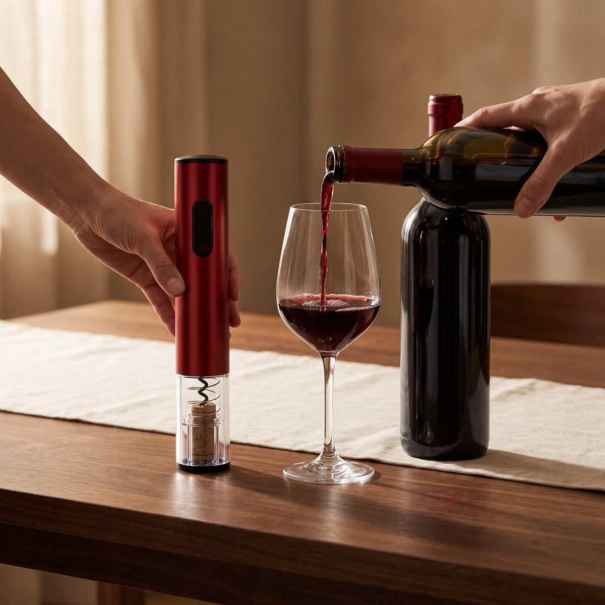 Service du vin après ouverture avec le tire-bouchon électrique rouge — La Maison du Sommelier
