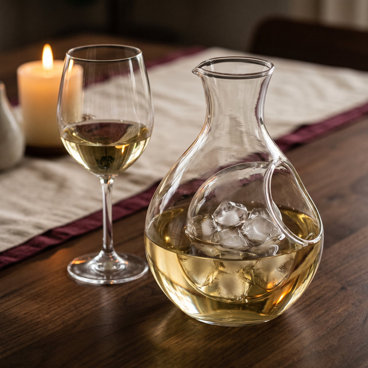 Carafe Ice-In avec vin blanc frais et glaçons dans la poche intérieure, table de dîner