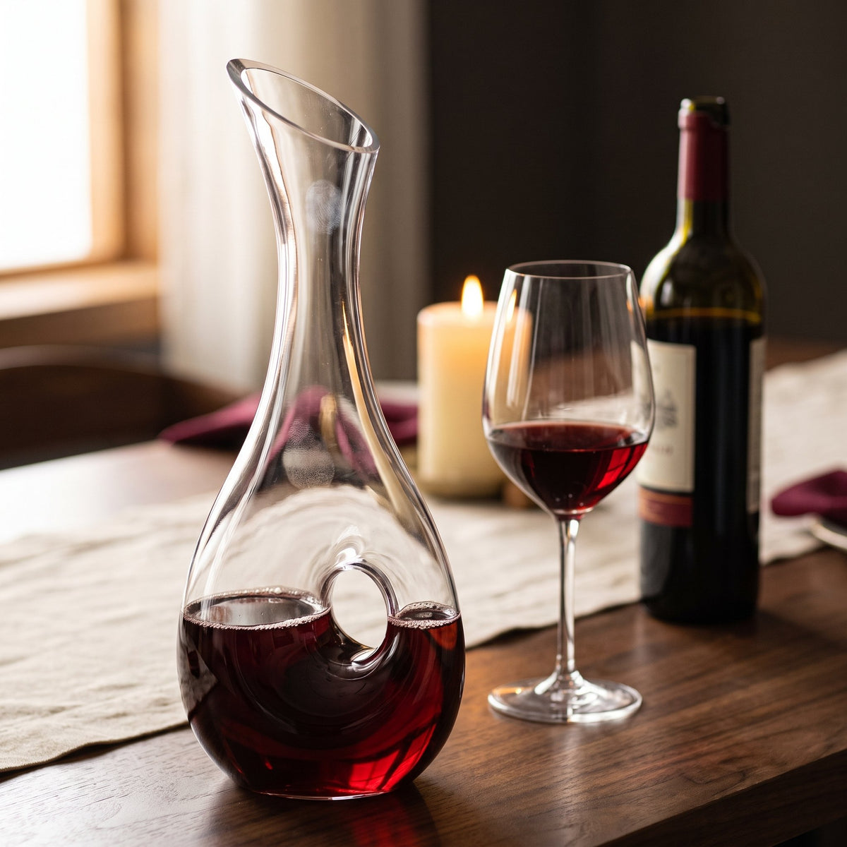 Carafe Purdey courbée, vin rouge sur table de dîner